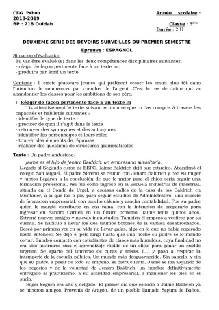 Première page de Espagnol 3e — 2e devoir surveillé, 1er semestre (2018-2019) · CEG PAHOU