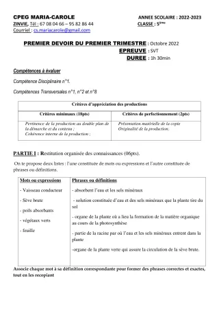 Première page de SVT 5e — 1er devoir surveillé, 1er trimestre (2022-2023) · CPEG MARIA-CAROLE