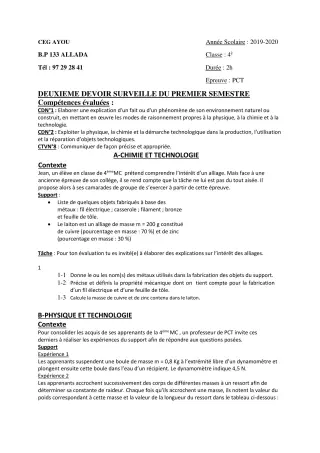 Première page de PCT 4e — 2e devoir surveillé, 1er semestre (2019-2020) · CEG AYOU