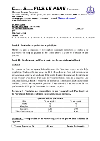 Première page de SVT 3e, 3e ML — 1er devoir surveillé, 1er trimestre (2019-2020) · CPEG Fils-Le-Père