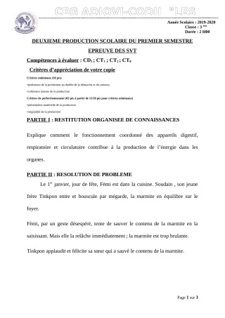 Première page de SVT 3e — 2e production scolaire, 1er semestre (2019-2020) · CEG ADJOVICODJI 'LES OLIVIERS'