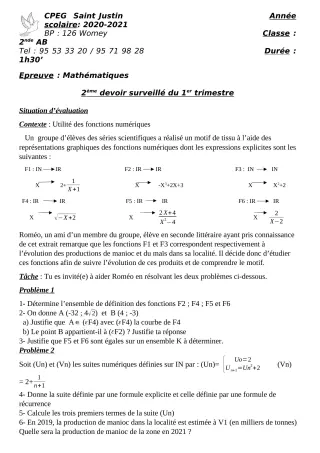 Première page de Mathématiques 2nde A2, 2nde B — 2e devoir surveillé, 1er trimestre (2020-2021) · CPEG SAINT Justin