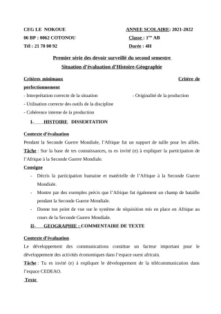 Première page de Histoire-Géographie 1ère A1, 1ère A2, 1ère B — 1er devoir surveillé, 2e semestre (2021-2022) · CEG LE NOKOUE