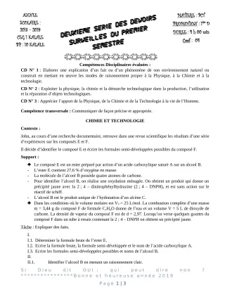 Première page de Devoir surveillé de PCT — 1ère D — CEG1 Kalalé (2018)