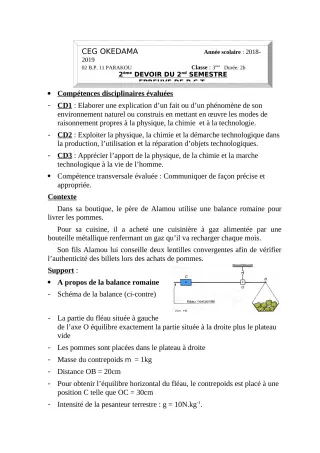 Première page de PCT 3e — Devoir surveillé, 2e semestre (2018-2019) · CEG OKEDAMA