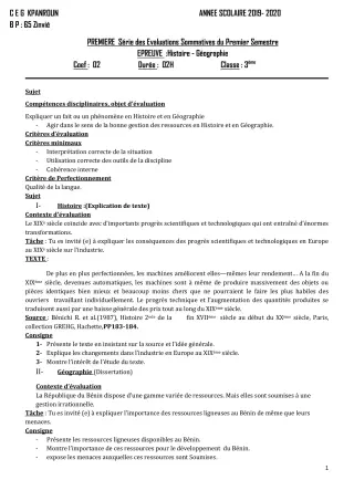 Première page de Histoire-Géographie 3e — 1re évaluation sommative, 1er semestre (2019-2020) · CEG Kpanroun