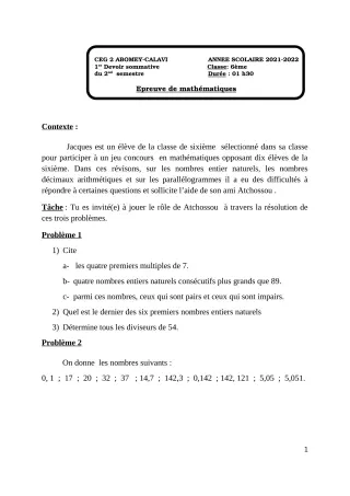 Première page de Mathématiques 6e — 1er devoir surveillé, 2e semestre (2021-2022) · CEG2 ABOMEY - CALAVI (CEG ZOCA)