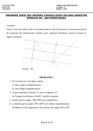Première page de Mathématiques 5e — 1er devoir surveillé, 2e semestre (2020-2021) · CEG HOUEYIHO