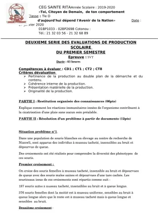 Première page de SVT Tle D — Production scolaire, 1er semestre (2019-2020) · CEG Sainte Rita