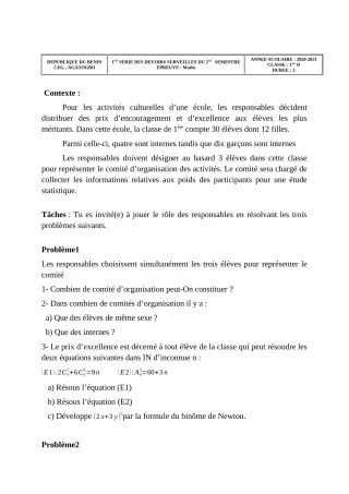 Première page de Mathématiques 1ère D — 1er devoir surveillé, 2e semestre (2020-2021) · CEG 1 Agatogbo