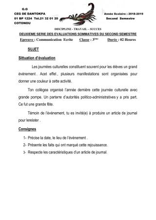 Première page de Français 3e, 3e ML — 2e évaluation sommative, 2e semestre (2019-2020) · CEG Dantokpa