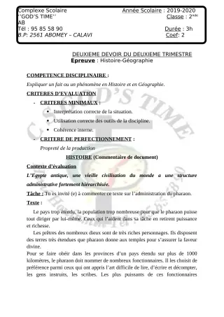 Première page de Histoire-Géographie 2nde A2, 2nde B — 2e devoir surveillé, 2e trimestre (2019-2020) · CPEG GOD'S TIME