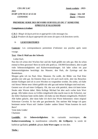 Première page de Allemand 1ère A2, 1ère B — 1er devoir surveillé, 1er semestre (2021-2022) · CEG du Lac