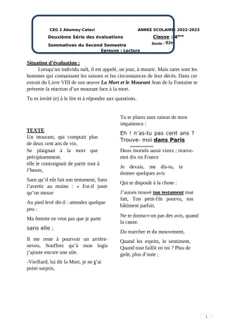 Première page de Français 4e — 2e évaluation sommative, 2e semestre (2022-2023) · CEG2 ABOMEY - CALAVI (CEG ZOCA)