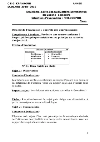 Première page de Philosophie Tle D — 2e évaluation sommative, 2e semestre (2018-2019) · CEG Kpanroun