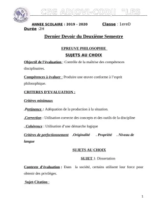 Première page de Philosophie 1ère D — Devoir surveillé, 2e semestre (2019-2020) · CEG ADJOVICODJI 'LES OLIVIERS'