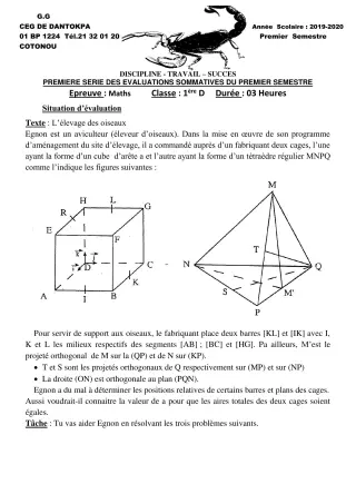 Première page de Mathématiques 1ère D — 1re évaluation sommative, 1er semestre (2019-2020) · CEG Dantokpa