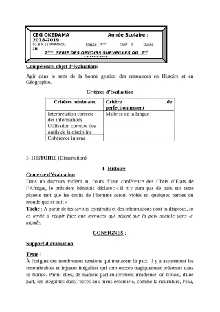 Première page de Histoire-Géographie 4e, 4e ML — 2e devoir surveillé, 2e semestre (2018-2019) · CEG OKEDAMA