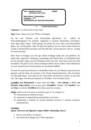 Première page de Allemand 3e — 2e semestre (2022-2023) · CEG2 ABOMEY - CALAVI (CEG ZOCA)