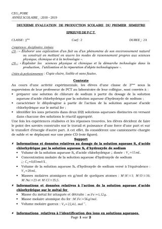 Première page de PCT 3e — 2e production scolaire, 1er semestre (2018-2019) · CEG3 Pobè (Akouho)