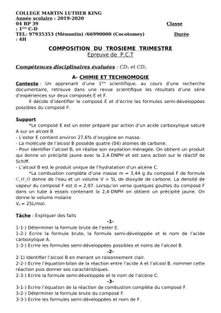 Première page de PCT 6e, 5e, 4e, 3e, 2nde D, 1ère C, 1ère D, Tle D — Composition (2019-2020) · CPEG Martin Luther King Cotonou