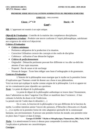 Première page de Philosophie 2nde C, 2nde D — 1re évaluation sommative, 1er semestre (2019-2020) · CEG Ahossougbéta
