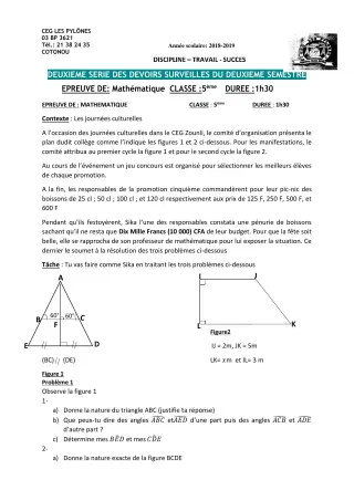 Première page de Mathématiques 6e, 5e, 4e, 4e ML, 3e, 3e ML, 1ère A2, 1ère B, Tle A2, Tle B, Tle C — 2e devoir surveillé, 2e semestre (2018-2019) · CEG Les Pylônes