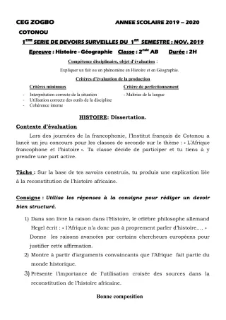 Première page de Histoire-Géographie 2nde A, 2nde A1, 2nde A2, 2nde B — 1er devoir surveillé, 1er semestre (2019-2020) · CEG ZOGBO