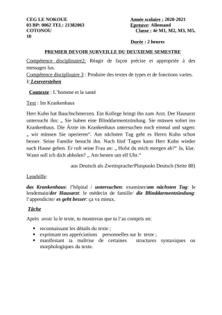 Première page de Allemand 4e ML — 1er devoir surveillé, 2e semestre (2020-2021) · CEG LE NOKOUE