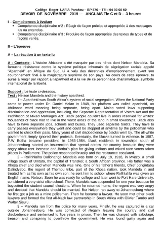 Première page de Anglais Tle C, Tle D — Devoir surveillé (2019-2020) · CPEG Roger LAFIA