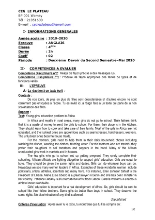 Première page de Anglais 4e, 4e ML — 2e devoir surveillé, 2e semestre (2019-2020) · CEG Le Plateau