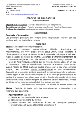 Première page de Philosophie 2nde A2, 2nde B, 2nde C, 2nde D — 1er devoir surveillé, 1er trimestre (2020-2021) · CPEG LICA