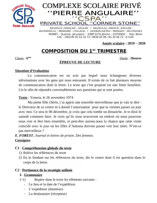 Première page de Français 6e — Composition, 1er trimestre (2019-2020) · CPEG PIERRE ANGULAIRE