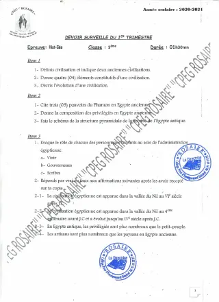 Première page de Histoire-Géographie 5e — 1er devoir surveillé (2020-2021) · CPEG ROSAIRE
