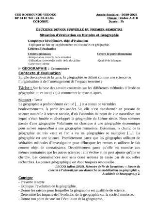 Première page de Histoire-Géographie 2nde A & B — 2e devoir surveillé, 1er semestre (2020-2021) · CEG Kouhounou-Vêdoko