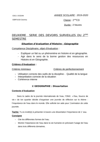 Première page de Histoire-Géographie 2nde C, 2nde D — Devoir surveillé, 2e semestre (2019-2020) · CEG l'Océan