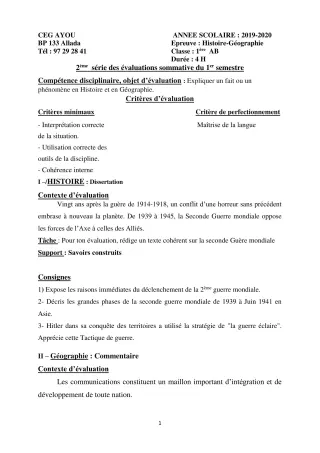 Première page de Histoire-Géographie 1ère A & B — 2e évaluation sommative, 1er semestre (2019-2020) · CEG AYOU