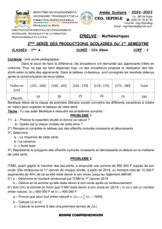Première page de Mathématiques 1ère A — 2e production scolaire, 1er semestre (2022-2023) · CEG1 Ikpinlè