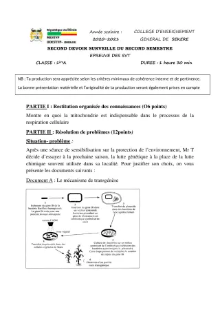 Première page de SVT 1ère A2 — 2e devoir surveillé, 2e semestre (2020-2021) · CEG SEKERE