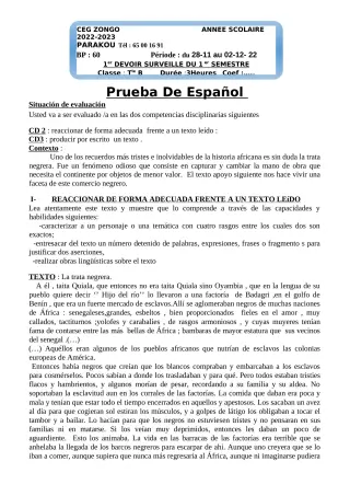 Première page de Espagnol Tle B — 1er devoir surveillé, 1er semestre (2022-2023) · CEG ZONGO