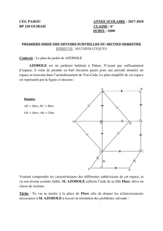 Première page de Mathématiques 6e — 1er devoir surveillé, 2e semestre (2018-2019) · CEG PAHOU