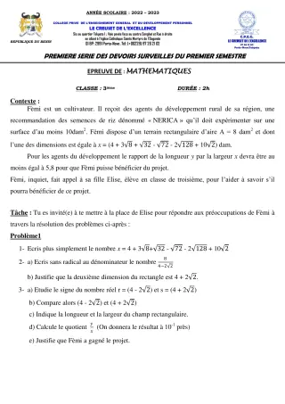 Première page de Mathématiques 3e, Tle D — 1er devoir surveillé, 1er semestre (2022-2023) · CPEG Houétognon