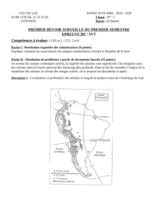 Première page de SVT 1ère C — 1er devoir surveillé, 1er semestre (2019-2020) · CEG du Lac