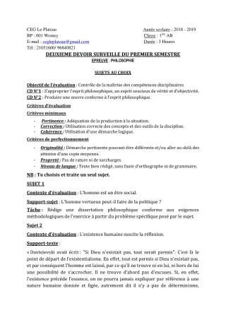 Première page de Philosophie 1ère B — 2e devoir surveillé, 1er semestre (2018-2019) · CEG Le Plateau