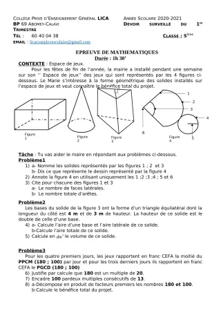Première page de Mathématiques 5e — 1er devoir surveillé, 1er trimestre (2020-2021) · CPEG LICA