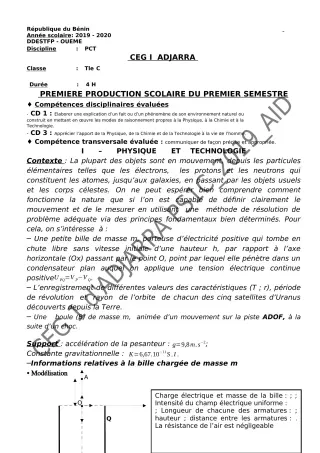 Première page de PCT Tle C — 1re production scolaire, 1er semestre (2019-2020) · CEG1 Adjarra