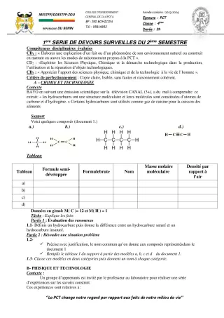 Première page de PCT 4e — 1er devoir surveillé, 2e semestre (2023-2024) · CEG ZA-KPOTA