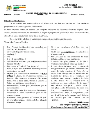 Première page de Français 3e — 1er devoir surveillé, 2e semestre (2022-2023) · CEG SEKERE