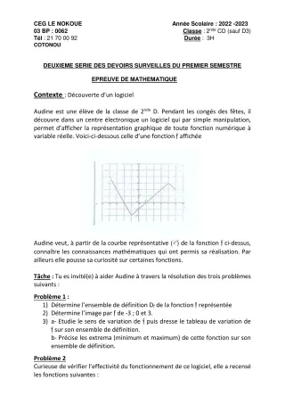 Première page de Mathématiques 2nde C, 2nde D — 2e devoir surveillé, 1er semestre (2022-2023) · CEG LE NOKOUE