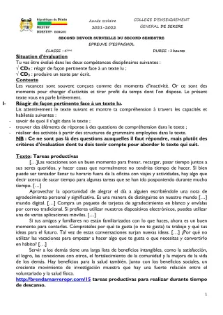 Première page de Espagnol 4e — 2e devoir surveillé, 2e semestre (2021-2022) · CEG SEKERE